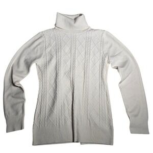 Abollria Womens White Cable‎ Knit Turtleneck Sweater XL Long/S  Diamond Pattern